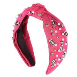 Football Headband for Women, Wide Top Football Headpiece Pearl Rhinestone Football Knotted Headband Rugby Charm Crystal Hairband Sports Hair Accessories for Fan Games (Pink)