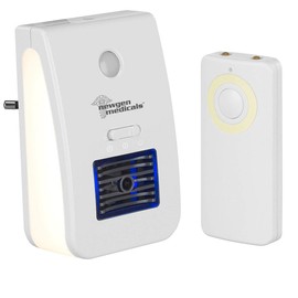 newgen medicals Lufterfrischer: 2in1-Ionisator-Luftreiniger & Nachtlicht, Fernbedienung, Timer, 20 m² (Ionenluftreiniger, LED-Lampe Steckdose, Fernbedienungen)