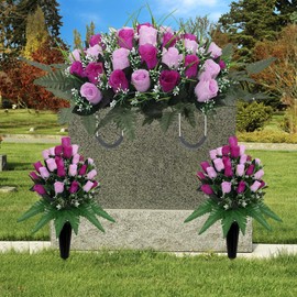 3Pack Artificial Cemetery flowers for grave,Headstone flower saddle Gravesite Decoration Roses Memorial Bouquets with Cemetery Vase for Cemetery Decorations Non-Fading Easy Fit (Purple)