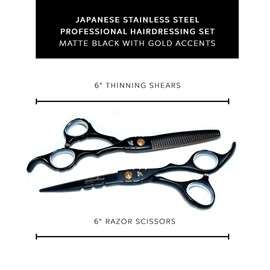 DreamCut Razor Shears and Thinning Shears set with Finger Rests in Matte Black with Gold Accents, 6inches