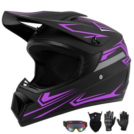 Youth Kids Dirt Bike Motocross Helmet (Goggles Gloves Face Mask) 4PCS Set, DOT Approved Girls Full Face Motorcycle Helmets, ATV BMX MX Mountain Bike Off Road Kid Helmet (Purple, L)