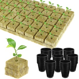 Rockwool Grow Cubes with Net Pots, Pack of 50 Rock Wool Cultivation Rock Wool Grow Growing Mat Hydroponic Seedling Rock Wool Throws with 50 Net Pots for Seedlings, Cloning, Growing Hydroponics