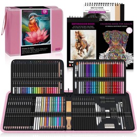 HIFORNY 136 PCS Drawing & Sketching Set,Pro Art Supplies with Graphite,Charcoal,Colored,Watercolor,Metallic Pencils,Blending Tools,Sketchbook,Watercolor Book and Coloring Book in Zipper Case (Pink)