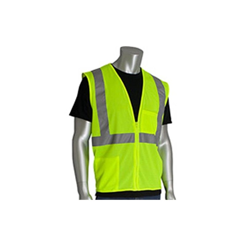 PIP 302-0702Z-LY/XL ANSI Class 2 Two Pocket Zipper Mesh Vest