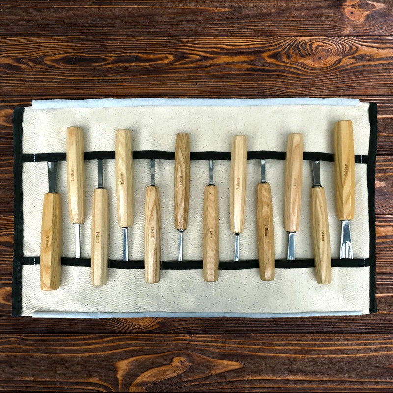 Professional 12 Piece Wood Carving Set with Rollup Canvas Case