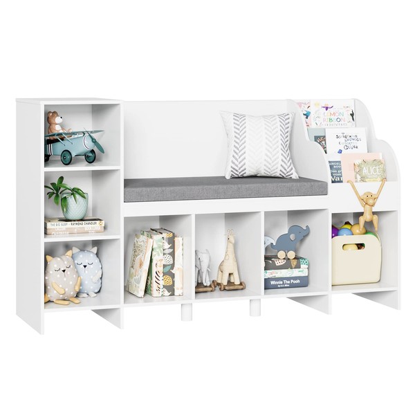 HOUSUIT Kids Bookshelf with Reading Nook, Bookcase with Seat Cushion and Adjustable Shelf, Storage Bench with Book Rack for Bedroom, Entryway, Playroom, 15.7" D x 54.5" W x 31.5" H, White