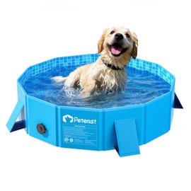 Peteast Foldable Dog Kiddie Pool with Stable Side Support, Hard Plastic Shell Portable Dog Pool, Collapsible Swimming Pools for Pet and Kids, 32 in