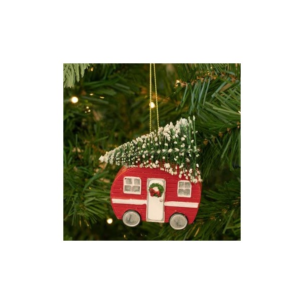 Red Camper with Evergreen Tree Christmas Ornament Trailer Decor Holiday