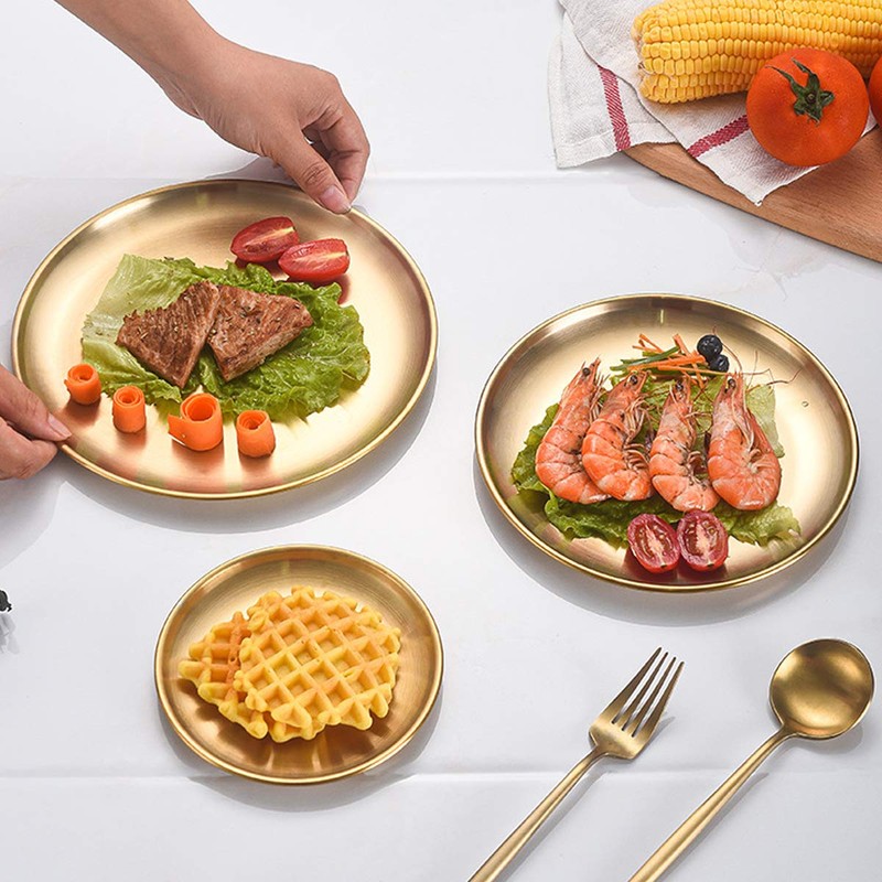 AIYoo Stainless Steel Gold Plates 2 Set Round Dinner Dishes