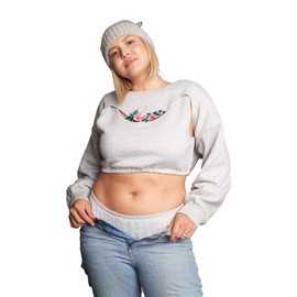 OFFROXBURY Women's Plus Size 2-Piece Set, Grey Floral Embroidery Arm Warmer Sweater, Sleeveless Crop Cami, Lounge Briefs (US, Alpha, 2X, Plus, Regular)