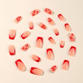 24PCS Valentines Day Press on Nails with Red French Valentines Hollow Love Heart Fake Nails Sparkling Glitter Heart False Nails Design Press ons Medium Square Rhinestone Nails Stick on Nails for Women