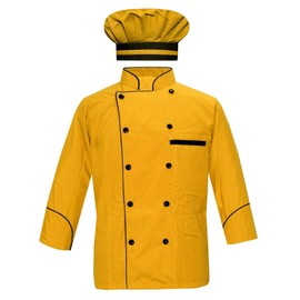 Men's Chef Jacket Full Sleeve Multi Color Chef Coat in Black Piping With Free Chef Cap (Yellow, 2X-Large)