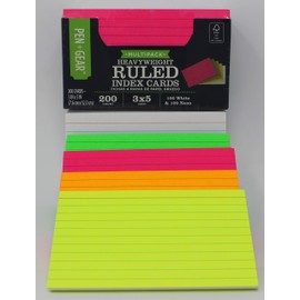 Heavy Weight Ruled Index Cards 5 x 3 inches, 200 count, (100 White & 100 Neon)
