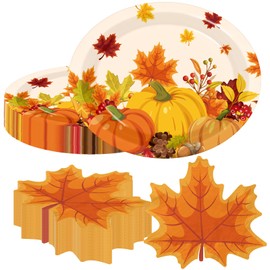 OGMOGKW Fall Party Decorations Plates and Napkins, 100 Pcs Autumn Plate and Napkins include Oval Pumpkin Paper Plates,Maple Leaf Napkins for Fall Theme Party Thanksgiving Supplies