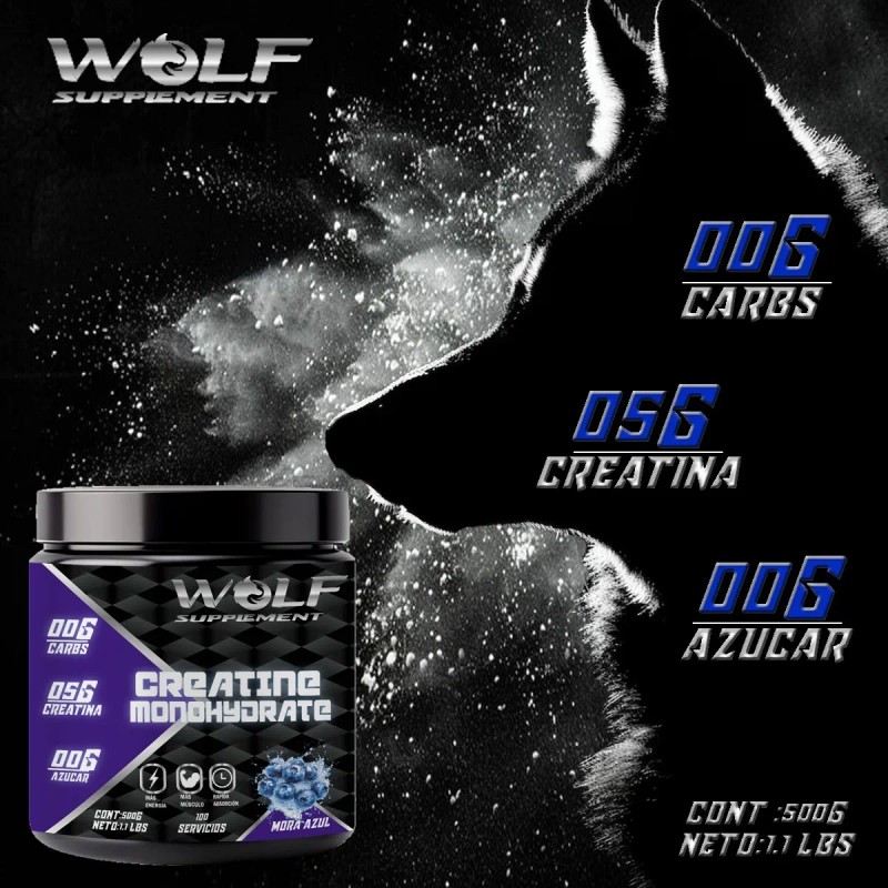 Creatina Monohidratada 500g En Polvo Wolf Varios Sabores Mora Azul