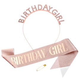 Grevosea Birthday Sash and Crown for Women, Glitter Birthday Girl Sash Birthday Tiara Rhinestone Headband Birthday Crown Happy Birthday Decorations for Her Birthday Party Supplies (Rose Gold)
