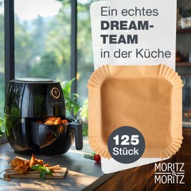 Moritz & Moritz Airfryer - Carta da forno quadrata, 20 x 20 cm, 125 pezzi, monouso, altezza bordo 4,5 cm, antiaderente e oleorepellente, fino a 220 °C, per friggitrice ad aria calda e forno da 5 a 8