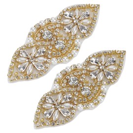 FINGERINSPIRE 2PCS Golden Rhinestone Pearl Bead Applique 40x100mm Sew Iron on Crystal Patch Flower Wedding Belt Applique Hotfix Rhinestone Patches for Bridal Wedding Dress Clothes Decoration
