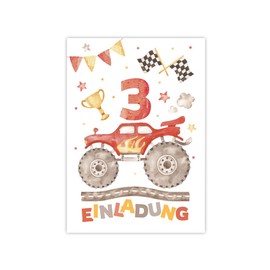 8 Invitation Cards Including 8 Envelopes for 3rd Children's Birthday Boys Monster Truck Car Invitations for Third Birthday Children Invitation Set