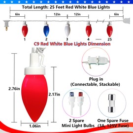 Red White and Blue Lights 25Ft 4th of July Decorations, C9 LED Patriotic Lights with 25 Red White Blue String Lights, 4th of July Lights Plug in for Flag Day Presidents Day Memorial Day Decor