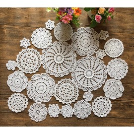 MINDPLUS Set of 24 Hand Crochet Doilies Cotton Crocheted Lace Doilies Placemat 2-7 Inches Round White Vintage (24pcs White)