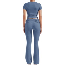 YETOWA Women's 2 Piece Lounge Outfits with Slim Short Sleeve Tops and Low Rise Flare Leggings Sets Versatile Yoga Fall Sweatsuit