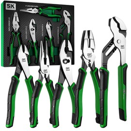 SK 5-Piece Pliers Set, 8" Long Nose, 9.5" Linesman, 8" Slip Joint, 8" Diagonal, and 10" Groove Joint, Premium CR-V Construction, with EVA Foam Tool Organizer