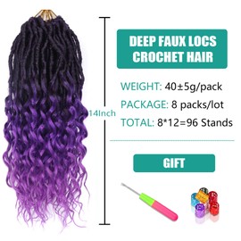 Soft Locs 14 Inch 8 Packs Goddess Locs Crochet Hair with Curly Ends Deep Faux Locs Crochet Hair for Black Women Synthetic Crochet Hair Pre Looped Bohemian Locs Hair (14 Inch/Pack of 8, T/Purple)