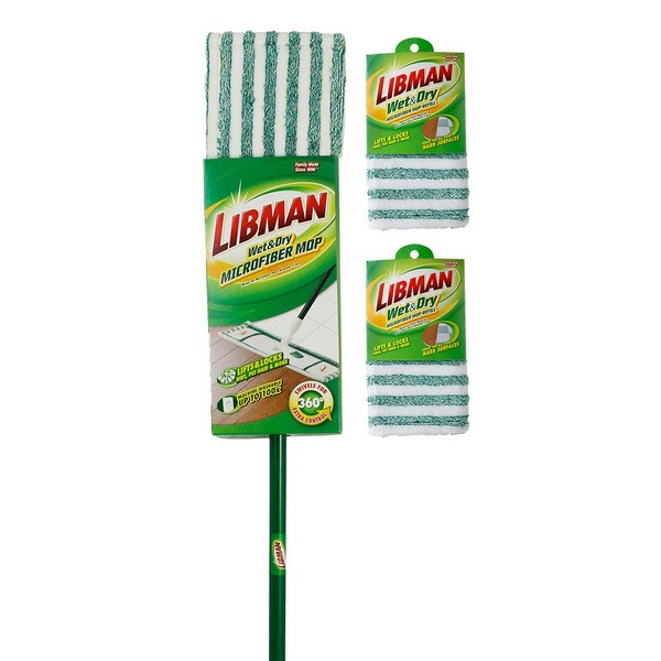 Libman Wet and Dry Microfiber Mop Kit, Includes 2 Refill