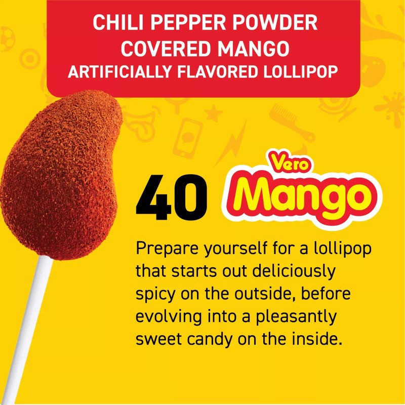 Vero Chili Pepper Powder Covered Mango Candy Lollipops Bag 40pcs