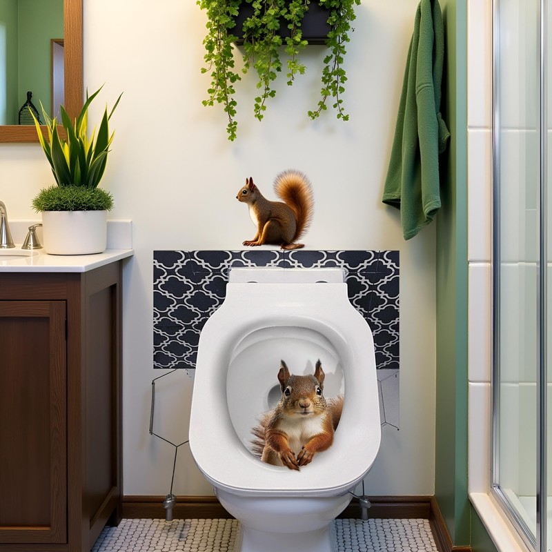 3D Squirrel Toilet Lid Decal, Brown Botanical Sticker, Waterproof Vinyl,