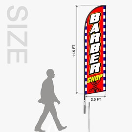 Barber Shop Flag Banner - 11.5x2.5 Ft Advertising Swooper Flag for Outdoor Business and Events Promotion - Barber Signs Windless Full Sleeve Banner for Restaurants, Diners, Markets