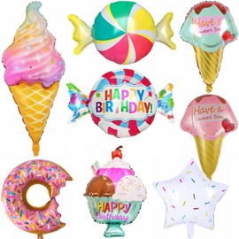 Kiwochy 8PCS Candyland Birthday Party Decorations Candy Doughnut Birthday Balloons Summer Ice Cream Themed Birthday Decoration Balloons for Infant Girl Boy Kid Lady Donut Ice Cream Party Set