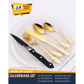 Stapava 48-Piece Gold Silverware Set with Steak Knives, Stainless Steel Flatware Cutlery Set for 8, Mirror Gold Utensils Fork Knife and Spoon Set for Home Kitchen Restaurant Wedding, Dishwasher Safe