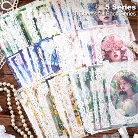 AuriicLeaf Lace border Scrapbook Paper Set, 150 PCS Goddess of romance Ephemera Pack for Junk Journaling, Scrapbooking, Crafting, DIY Projects, Diaries, and Art Supplies