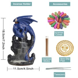 Simcat Dragon Incense Stick Holder Ceramic Incense Stick Holder with 1 Pad, 1 Tweezers, 30 Wooden Sticks, 20 Mixed Aroma Cones for Reflow Aroma Home Decoration (Blue)