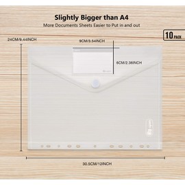Agoer Plastic Wallets 10 Pack A4 Punched Pockets Transparent Documents Wallets Expandable A4 Folders Wallets with Ring Binder and Label Pocket,Plastic Folders with Poppers for Home,Office and School