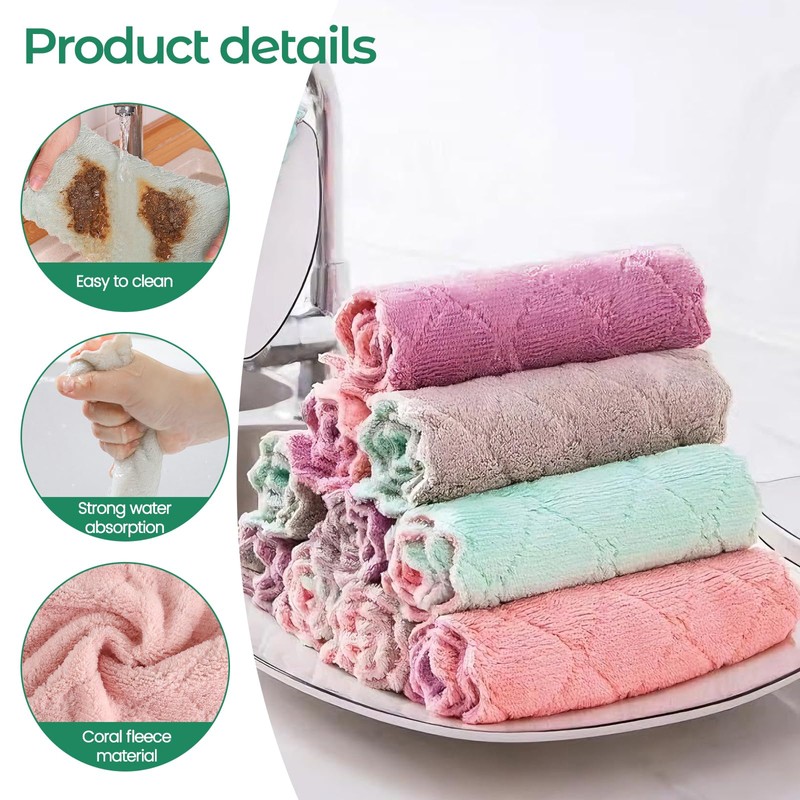 10PCS Super Absorbent Dish Towels, Microfiber Coral Fleece Cleaning Cloths