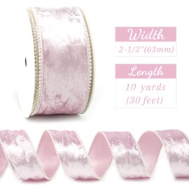 Mayreel 2.5 Inch Pink Crushed Velvet Wired Ribbon with White Beaded Pearl Edge, for Gift Wrapping, Floral Craft, Christmas Ribbon, Tree Decorations, Bows, Home Decor, 10Yards