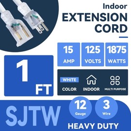 FNXPOW Indoor Extension Cord, 12 Gauge 3 Prong Weatherproof Heavy Duty White Extension Cord with Lighted Indicator End, SJTW 15A 1 FT Extension Cable for Garage, Garden and Home
