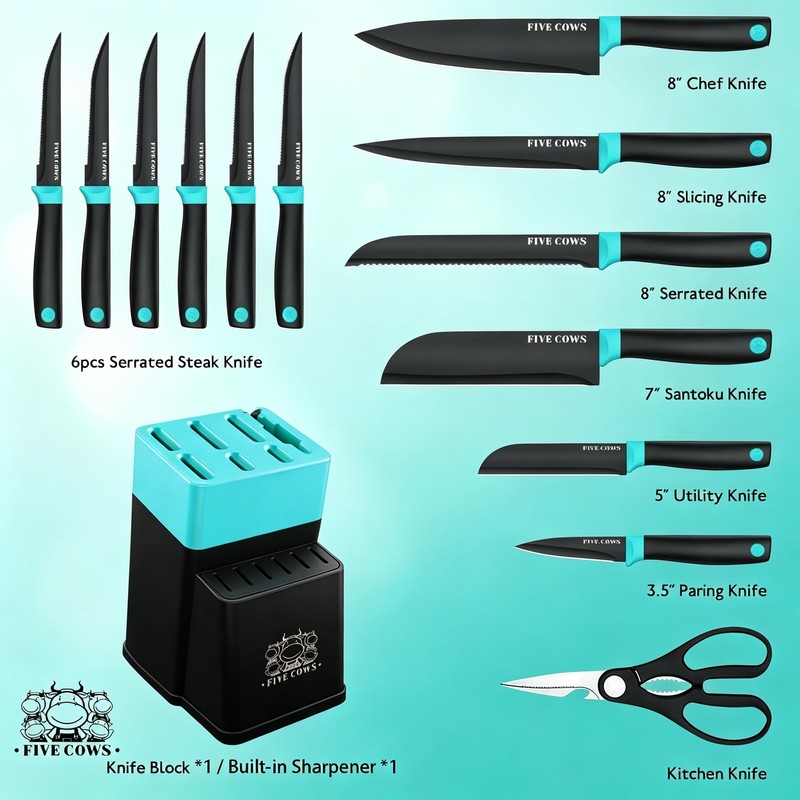 14 Pcs Kitchen Knife Block Set with Sharpener (Green)
