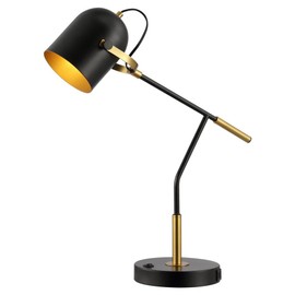 SAFAVIEH Lighting Collection Mulaney Modern Black/Brass 22-inch Task Desk Table Lamp with USB Charging Port, Ideal for Living Room, Bedroom, Nightstand, Home Office, Dorm (LED Bulb Included)