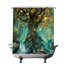 Ulticool Shower Curtain - Fairy Tale Elf Tree Magic Forest Nature - 180 x 180 cm - Washable - Waterproof - Anti Mould - with 12 Rings - Green Yellow