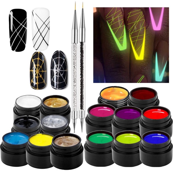 15 Colors Luminous Spider Gel, UV Gel Nail Polish with 2 Nail Art Line Pen DIY Glow in The Dark Nail Art Drawing Gel for Line Neon Fluorescent Effect Manicure Decorations for Halloween Party Dance
