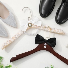 FYSUIMU 2Pcs Bride and Groom Hanger Wooden Dress Hanger with Bow for Bridesmaid Bridal Shower Wedding Party Favors Supplies