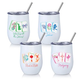 Patelai 4 Pcs Mahjong Tumbler with Lid Straw, Insulated,Elegant
