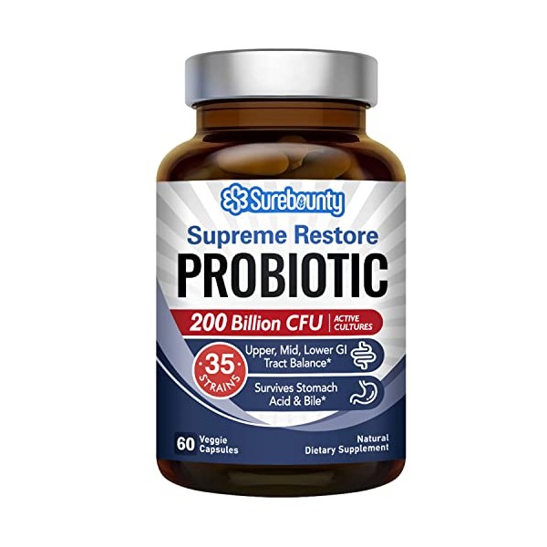 Surebounty Probiotic for Men & Women, 200 Billion CFU 35 Strains, Prebiotics + Digestive Enzymes, Supreme Restore Probiotic Supplement, Upper, Mid, Lower GI Tract Balance, 60 Veggie Capsules, 1 Month