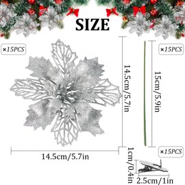 Dwafill Artificial Christmas Flowers, Christmas Tree Flowers with 15 Clips, Glitter Flowers, Christmas, Artificial Flowers for Christmas (Silver)