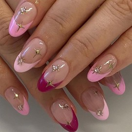 DOCVOEOMH French Pink Almond Press on Nails Short Oval Fake Nails Diamonds Full Cover Glue on Nails with Star Design Acrylic Artificial Nails Glossy Stick on Nails for Women and Girls 24PCS in 12 Size