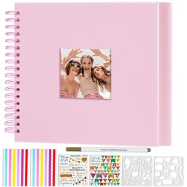 Miaikoe 25.5x25.5 cm DIY Scrapbook Album with Window Hardcover Kraft Blank Paper Scrap Book with 20 Sheets Photo Album for Guest Book, Family Wedding Anniversary (Pink)